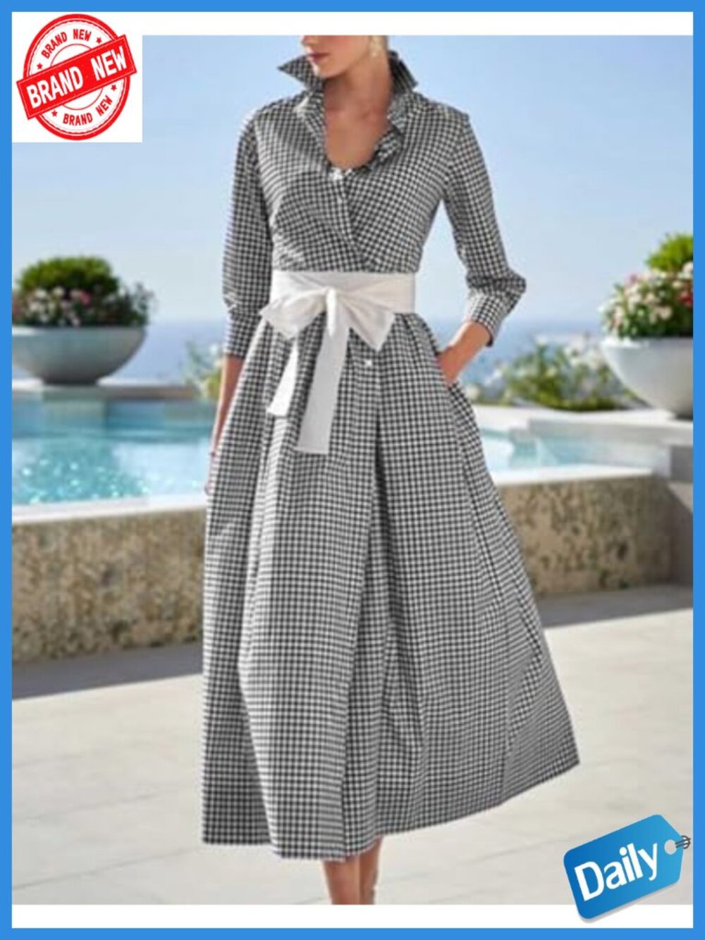 Retro Plaid Button Up Maxi Shirt Dress 3/4 Sleeve Pocketed with Belt - Picture 2 of 2